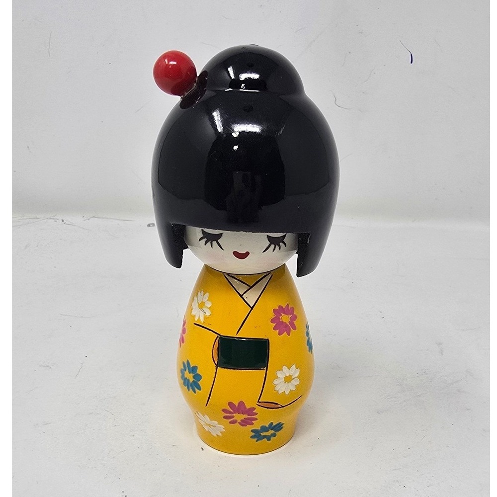 Japanese Kokeshi doll glossy floral wood figurine blossoms soft Japandi eclectic